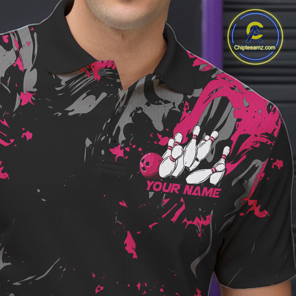 Custom Black And Pink Splatter Camo Bowling Team Polo Shirts For Men IPHW10797