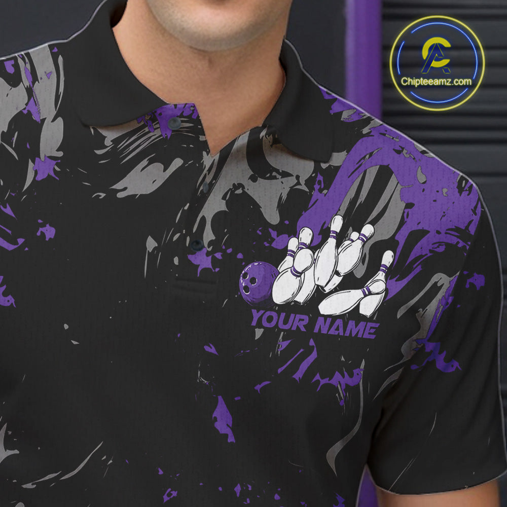 Custom Black And Purple Splatter Camo Bowling Team Polo Shirts For Men IPHW10798