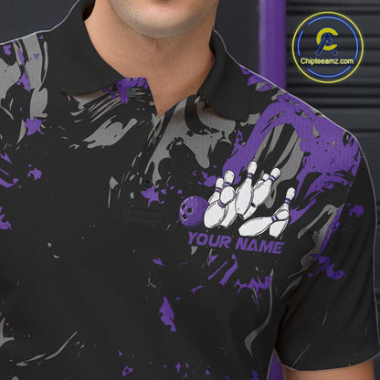 Custom Black And Purple Splatter Camo Bowling Team Polo Shirts For Men IPHW10798