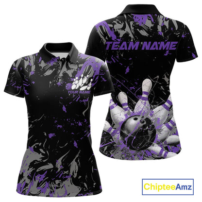 Custom Black And Purple Splatter Camo Bowling Team Polo Shirts For Women IPHW10798