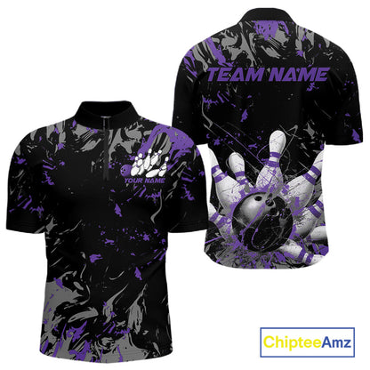 Custom Black And Purple Splatter Camo Bowling Team Quarter-Zip Shirts For Men IPHW10798