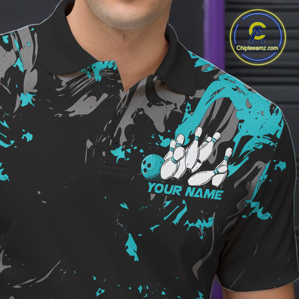 Custom Black And Turquoise Blue Splatter Camo Bowling Team Polo Shirts For Men IPHW10799