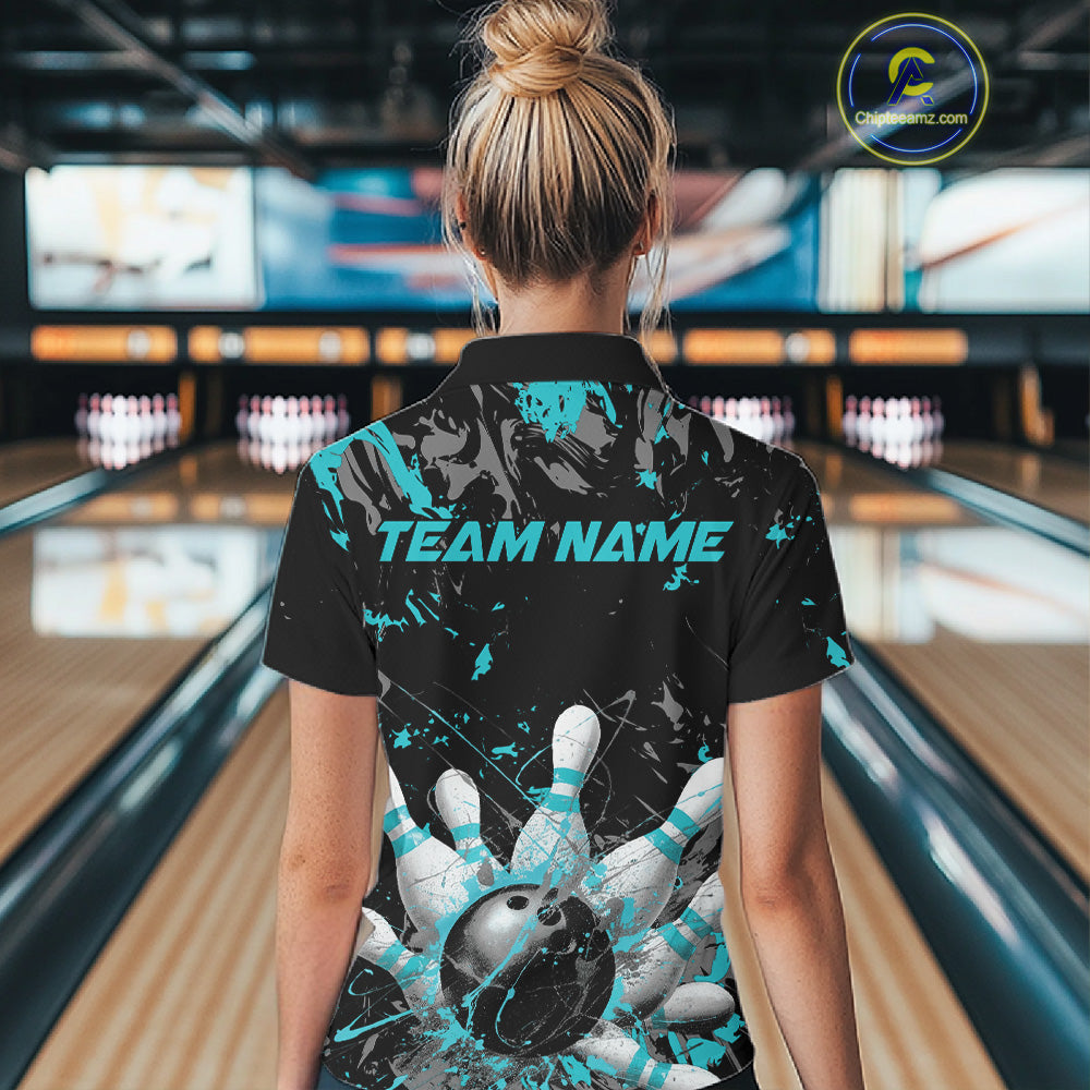 Custom Black And Turquoise Blue Splatter Camo Bowling Team Polo Shirts For Women IPHW10799