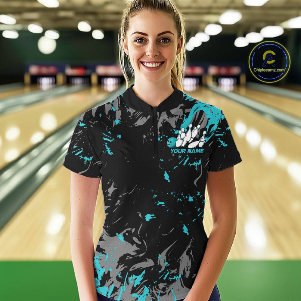 Custom Black And Turquoise Blue Splatter Camo Bowling Team Quarter-Zip Shirts For Women IPHW10799