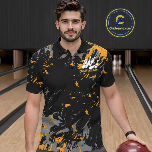Custom Black And Yellow Splatter Camo Bowling Team Polo Shirts For Men IPHW10800