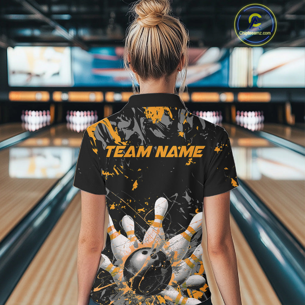 Custom Black And Yellow Splatter Camo Bowling Team Polo Shirts For Women IPHW10800