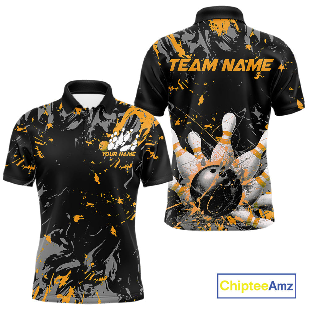 Custom Black And Yellow Splatter Camo Bowling Team Polo Shirts For Men IPHW10800
