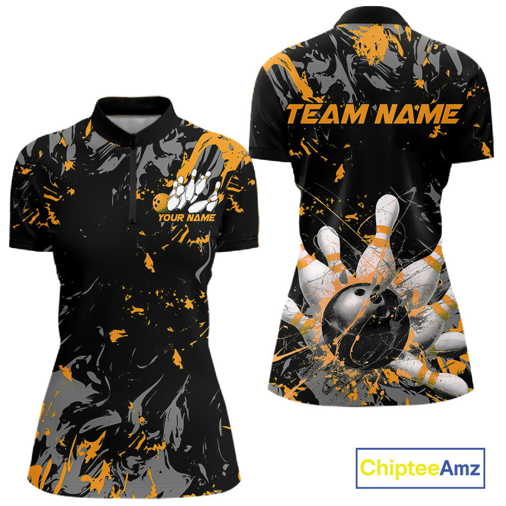 Custom Black And Yellow Splatter Camo Bowling Team Quarter-Zip Shirts For Women IPHW10800