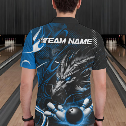 Custom Black And Blue Flame Dragon Bowling Jerseys, Dragon Bowling Team Men Polo Shirts IPHW8920