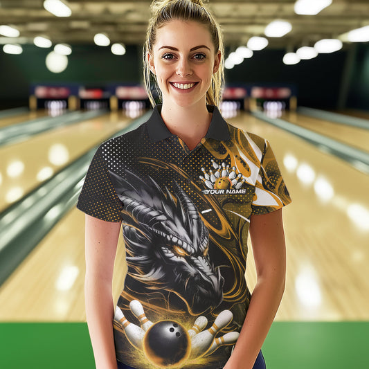Custom Black And Yellow Flame Dragon Bowling Jerseys, Dragon Bowling Team Women Polo Shirts IPHW8921