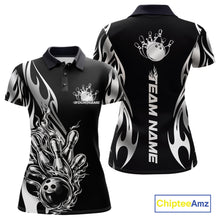 Load image into Gallery viewer, Custom Black And Silver Tribal Flame Women Bowling Polo Shirt, Bowling Tournament Shirt IPHW11285