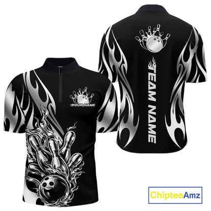 Front and back mockup of black quarter zip shirt with silver metal tribal flame and bowling ball striking pins in clean, modern sports apparel style.