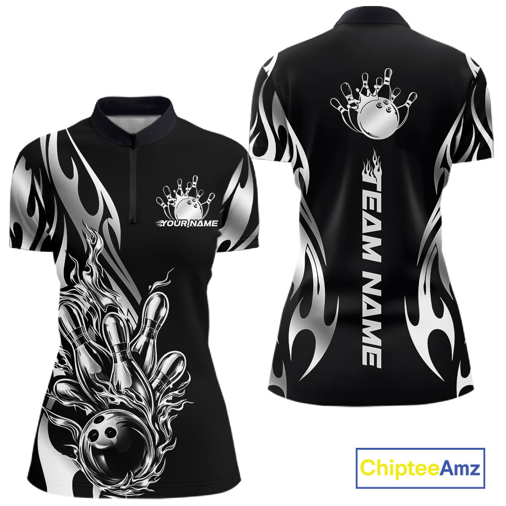 Womens quarter zip bowling shirt mockup, black base with silver metal tribal flame bowling ball knocking down pins dynamic illustration