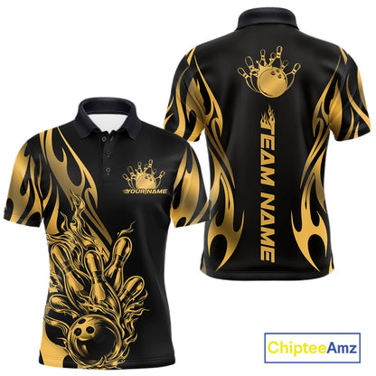 Front and back view mockup of a men’s black polo shirt featuring a golden metal tribal flame bowling ball striking pins in a premium sports apparel design.
