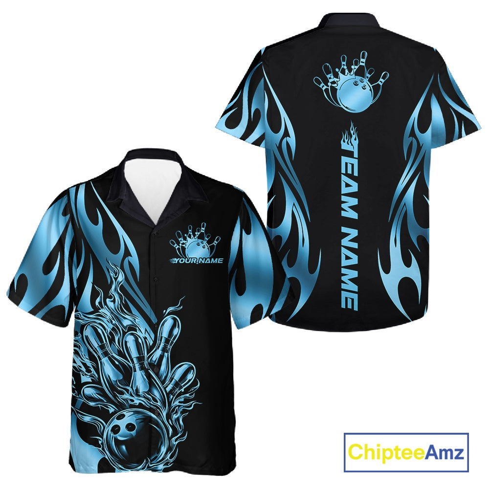 Front and back view of a black button-up bowling shirt mockup showcasing blue gradient tribal flame bowling ball and pins artwork with dynamic bowling styling.