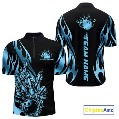 Front and back mockup of men’s black quarter zip shirt with blue gradient tribal flame design and bowling ball striking pins in bold sports-inspired styling.