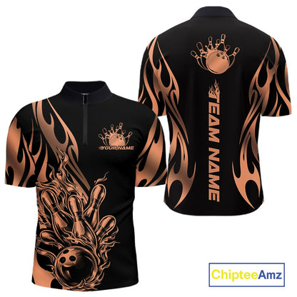 Front and back apparel mockup showing a black quarter zip shirt with rose gold gradient tribal flame and bowling ball striking pins in a sleek premium design.