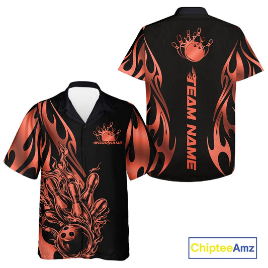 Front and back view of a black button-up bowling shirt mockup featuring red gradient tribal flame bowling ball and pins dynamic design.