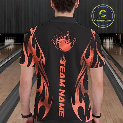 Male model seen from the back in a bowling lane wearing a black polo shirt featuring a red gradient tribal flame bowling ball striking pins in a bold sports illustration.