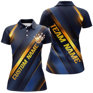 Custom Blue And Gold Bowling Tournament Shirts For Women With Team Name And Bowlers Name IPHW6617