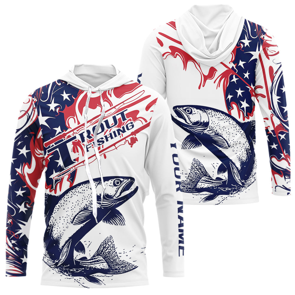 Custom American Flag Trout Long Sleeve Hooded Fishing Shirts, Patriotic Trout Fishing Jerseys IPHW9134