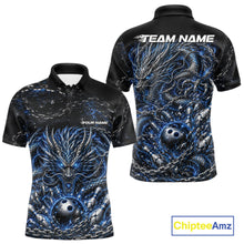 Load image into Gallery viewer, Custom black and blue dragon bowling jersey with metal chain design for team tournament apparel