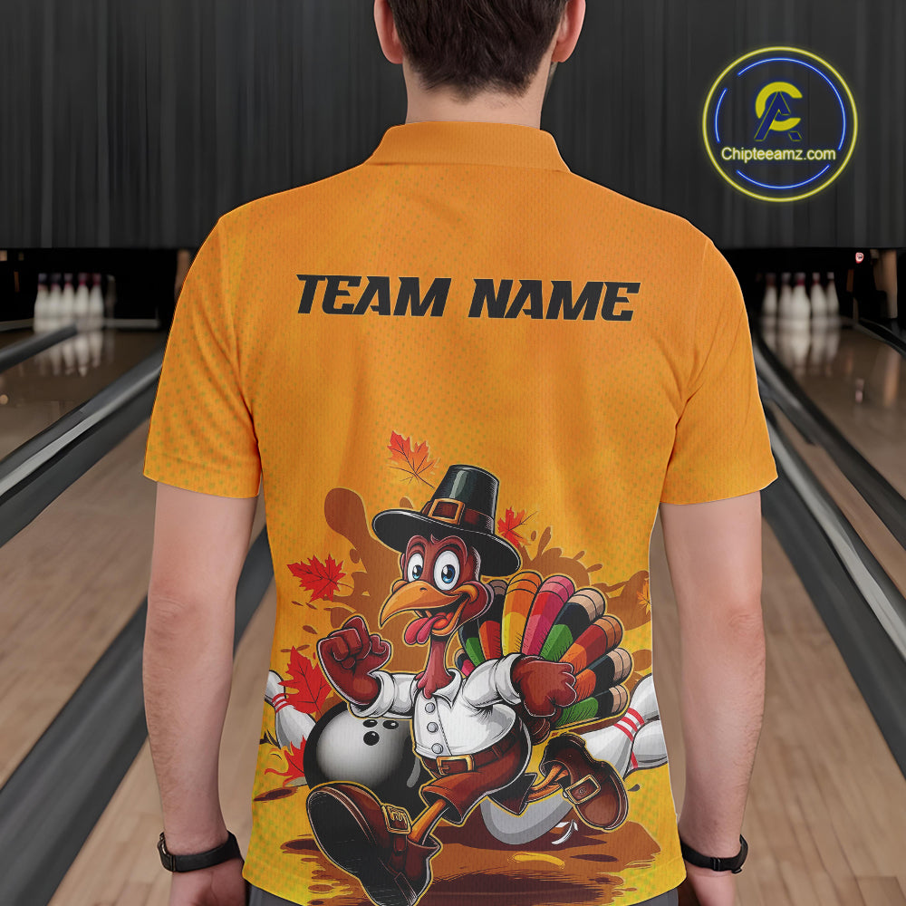Custom Funny Thanksgiving Turkey Bowling Polo Shirts For Men, Thanksgiving Bowler Outfit IPHW9724