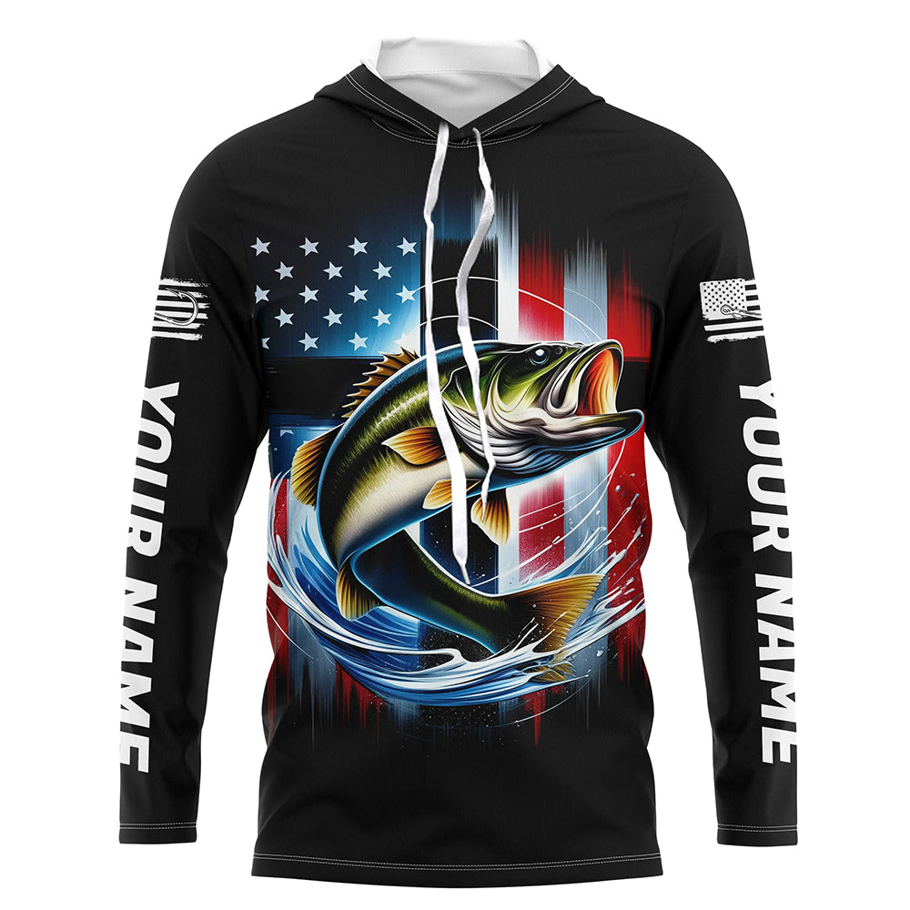 American Flag Cross Custom US Patriotic Largemouth Bass Long Sleeve Hooded Tournament Fishing Shirts IPHW8185