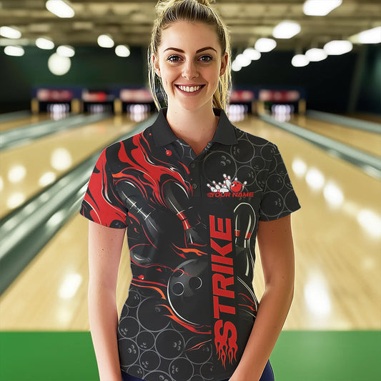 Custom Black And Red Flame Strike Bowling Team Polo Shirt For Women, Strike Bowling Jerseys IPHW8610