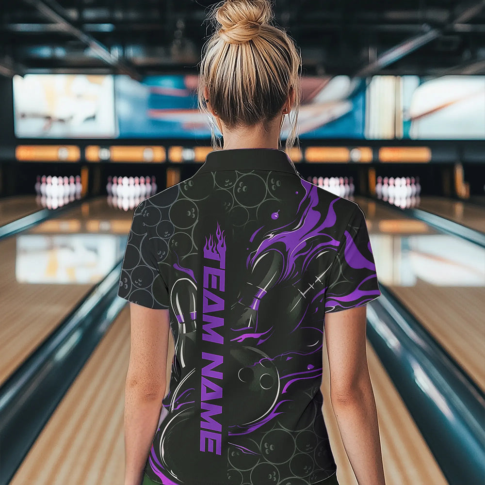 Custom Black And Purple Flame Strike Bowling Team Womens Polo Shirt, Strike Bowling Jerseys IPHW8612