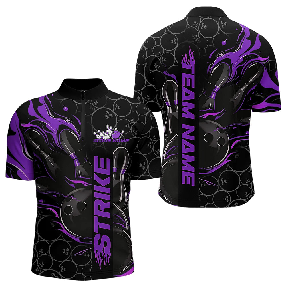 Custom Black And Purple Flame Strike Bowling Team Quarter-Zip Shirts For Men, Strike Bowling Jerseys IPHW8612