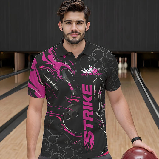 Custom Black And Pink Flame Strike Bowling Team Polo Shirts For Men, Strike Bowling Jerseys IPHW8613