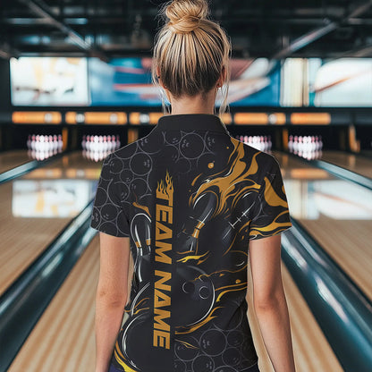 Custom Black And Gold Flame Strike Bowling Team Womens Polo Shirt, Strike Bowling Jerseys IPHW8614