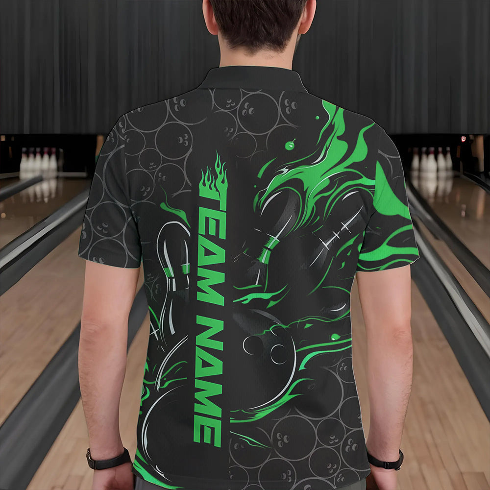 Custom Black And Green Flame Strike Bowling Team Polo Shirts For Men, Strike Bowling Jerseys IPHW8615