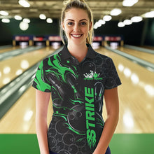 Load image into Gallery viewer, Custom Black And Green Flame Strike Bowling Team Womens Polo Shirts, Strike Bowling Jerseys IPHW8615