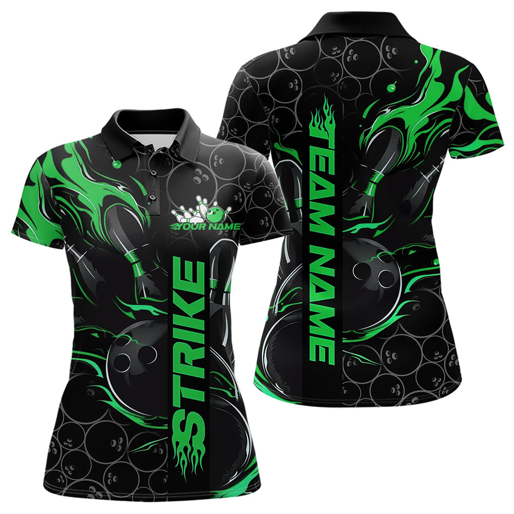 Custom Black And Green Flame Strike Bowling Team Womens Polo Shirts, Strike Bowling Jerseys IPHW8615