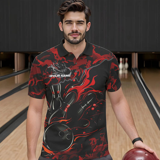 Custom Black And Red Camo Flame Bowling Team Polo Shirts For Men, Bowling Tournament Shirt IPHW8622