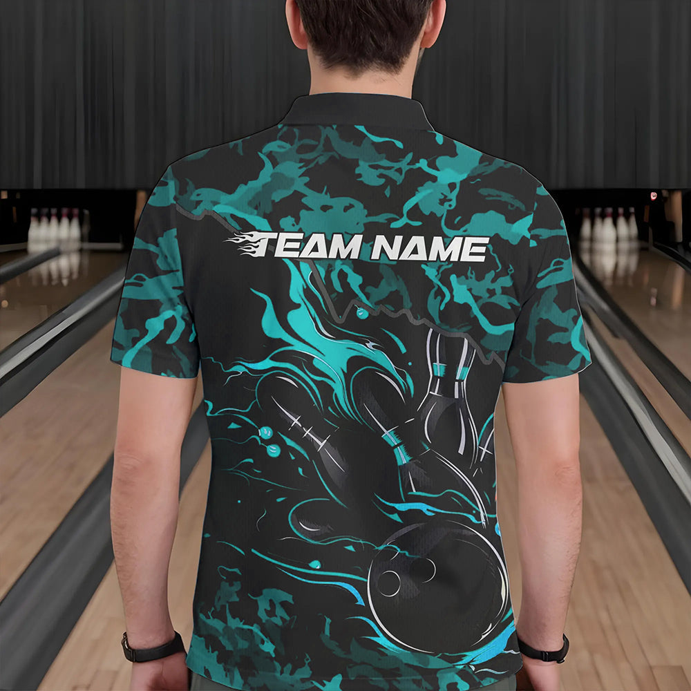 Custom Black And Blue Camo Flame Bowling Team Polo Shirts For Men, Bowling Tournament Shirt IPHW8623