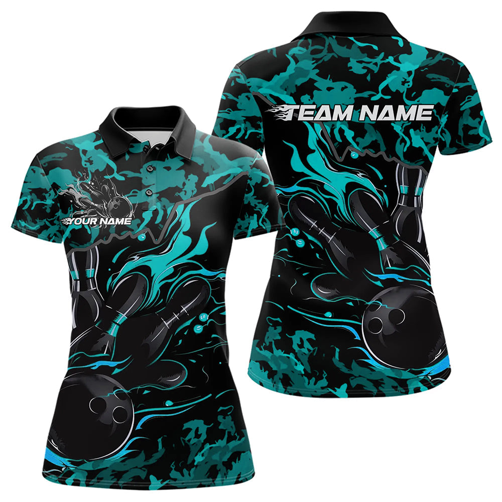 Custom Black And Blue Camo Flame Bowling Team Womens Polo Shirts, Bowling Tournament Shirt IPHW8623