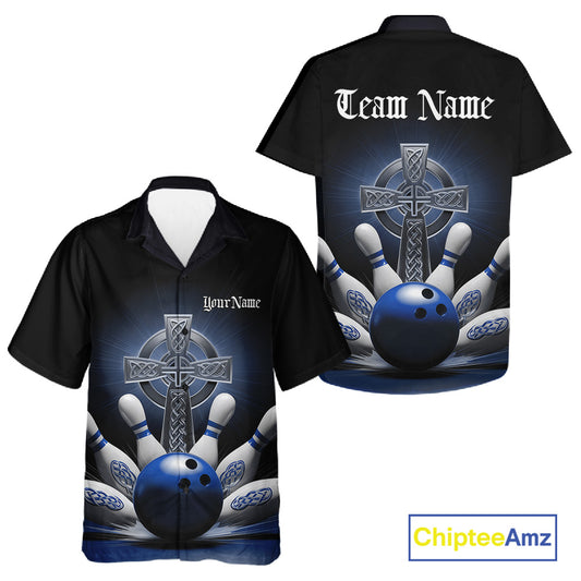 Front and back view button up bowling shirt mockup, black shirt featuring blue Celtic cross and explosive bowling ball hitting pins design