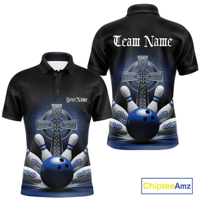Mens polo shirt mockup front and back, black shirt featuring blue Celtic cross and bowling ball exploding into pins design
