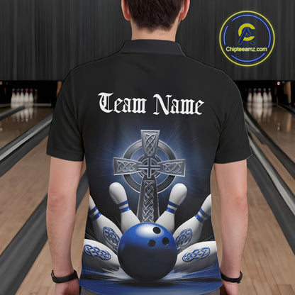 Back view male model inside bowling center wearing black polo shirt featuring blue Celtic cross with dynamic bowling strike explosion artwork