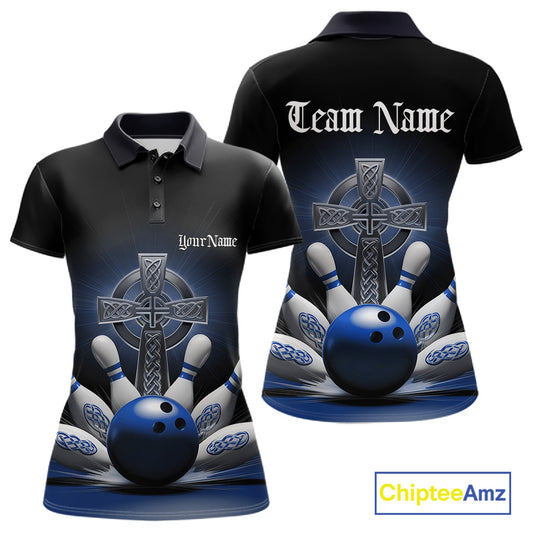 Womens polo shirt mockup front and back, black shirt featuring blue Celtic cross and explosive bowling ball striking pins design