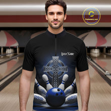 Load image into Gallery viewer, Custom Blue Celtic Cross Faith Bowling Quarter-Zip Team Shirts For Men, Bowlers Outfits IPHW11305