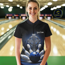 Load image into Gallery viewer, Custom Blue Celtic Cross Faith Bowling Quarter-Zip Team Shirts For Women, Bowlers Outfit IPHW11305