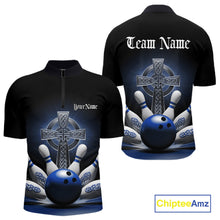 Load image into Gallery viewer, Custom Blue Celtic Cross Faith Bowling Quarter-Zip Team Shirts For Men, Bowlers Outfits IPHW11305