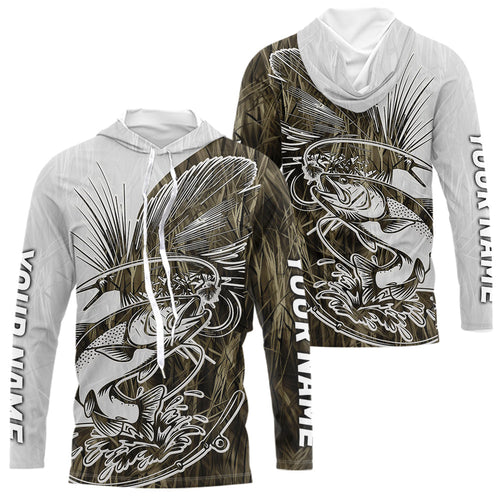 Custom Trout Fly Fishing Camo Long Sleeve Hooded Fishing Shirts, Fly Bait Trout Flyfishing IPHW9139