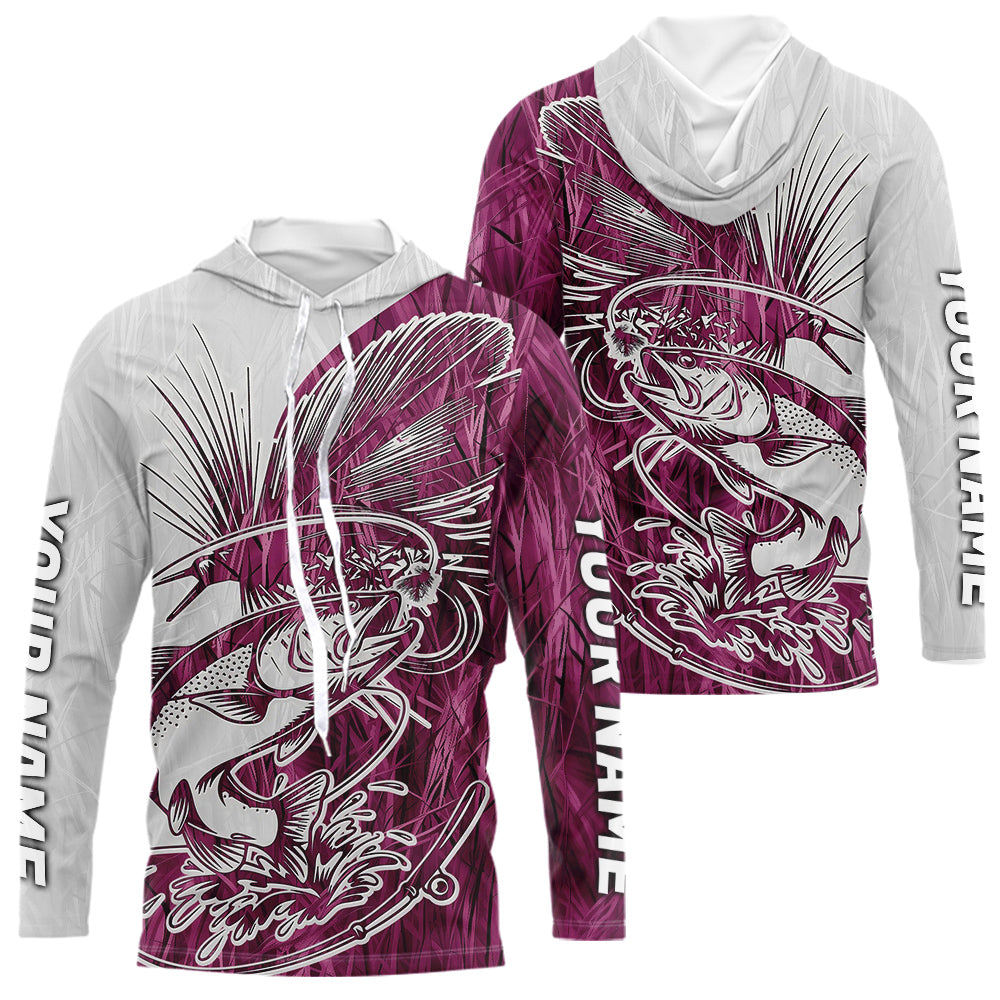 Custom Trout Fly Fishing Pink Camo Long Sleeve Hooded Fishing Shirts, Fly Bait Trout Flyfishing IPHW9140