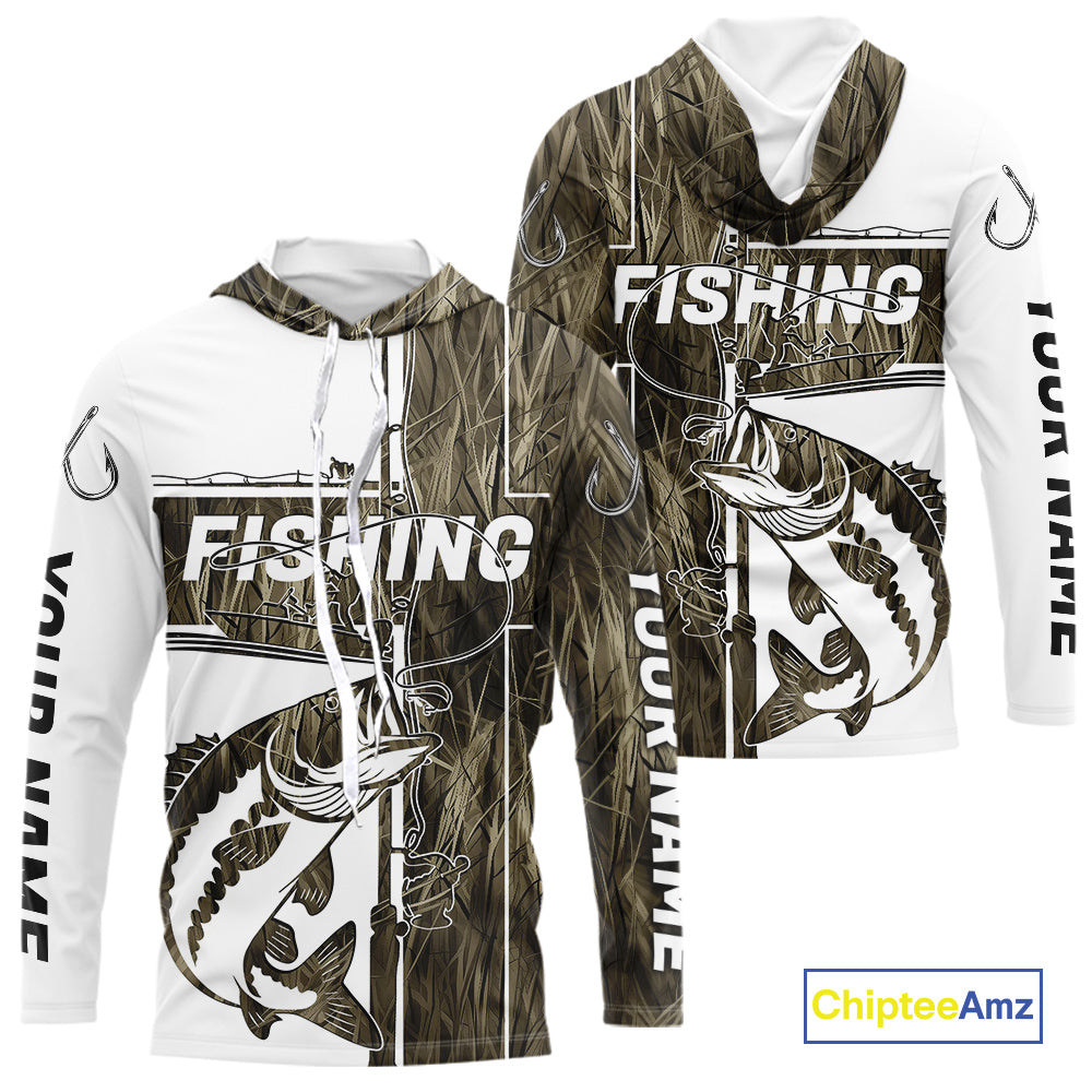 Custom Grass Camo Cross Faith Largemouth Bass Long Sleeve Hooded Tournament Fishing Shirts IPHW9148