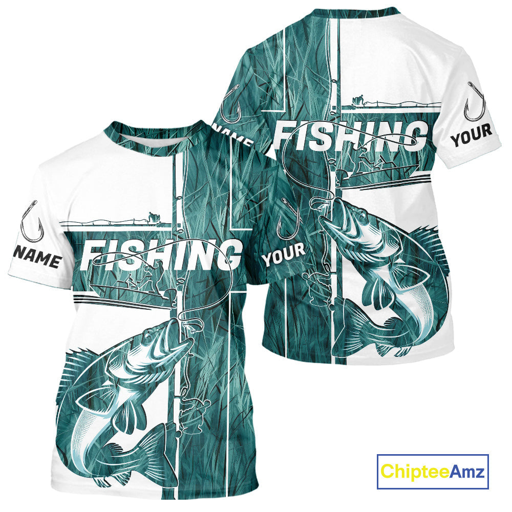 Custom Greenish Blue Grass Camo Cross Faith Walleye Tournament Fishing T-Shirts IPHW9151